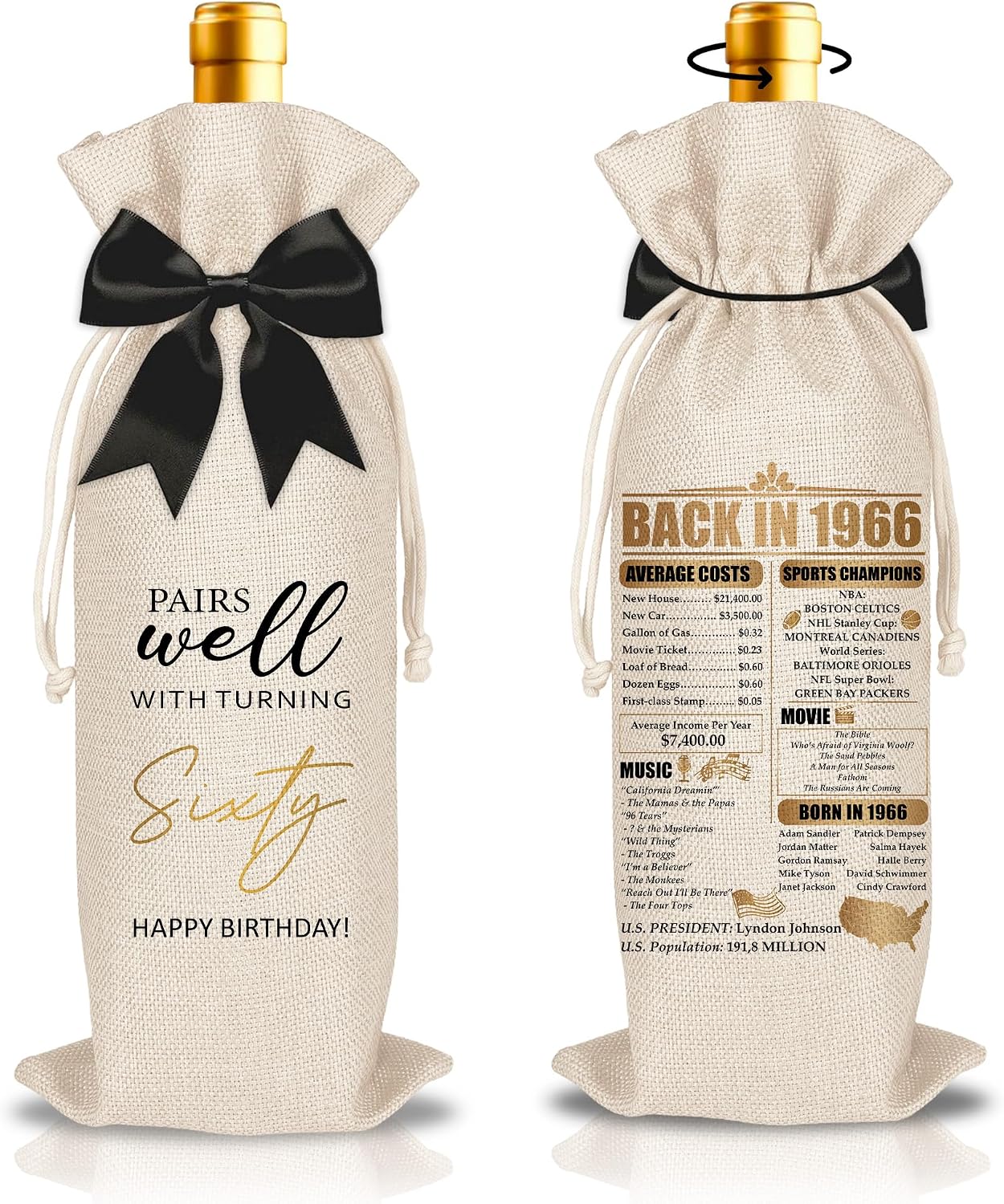 LOhgys 60th Birthday Wine Bag with Black Bow, Pairs Well with Turning 60th Champagne Bottle Bag, Gifts Idea for Women Men Family Friend Coworker, Celebrating Party Decoration Supplies, Born In 1966