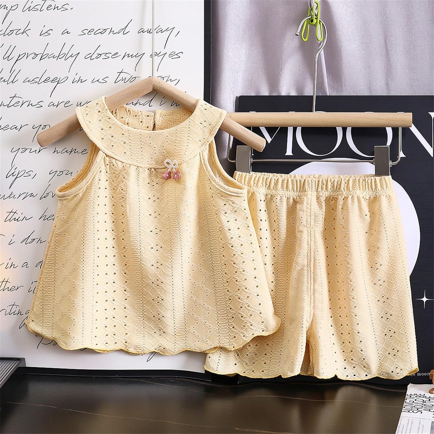 Girls 2 Piece Summer Outfits Ruffle Sleeveless Tank Tops Shorts Sets Breathable Eyelet Crew Neck Vest Casual Suit Teen