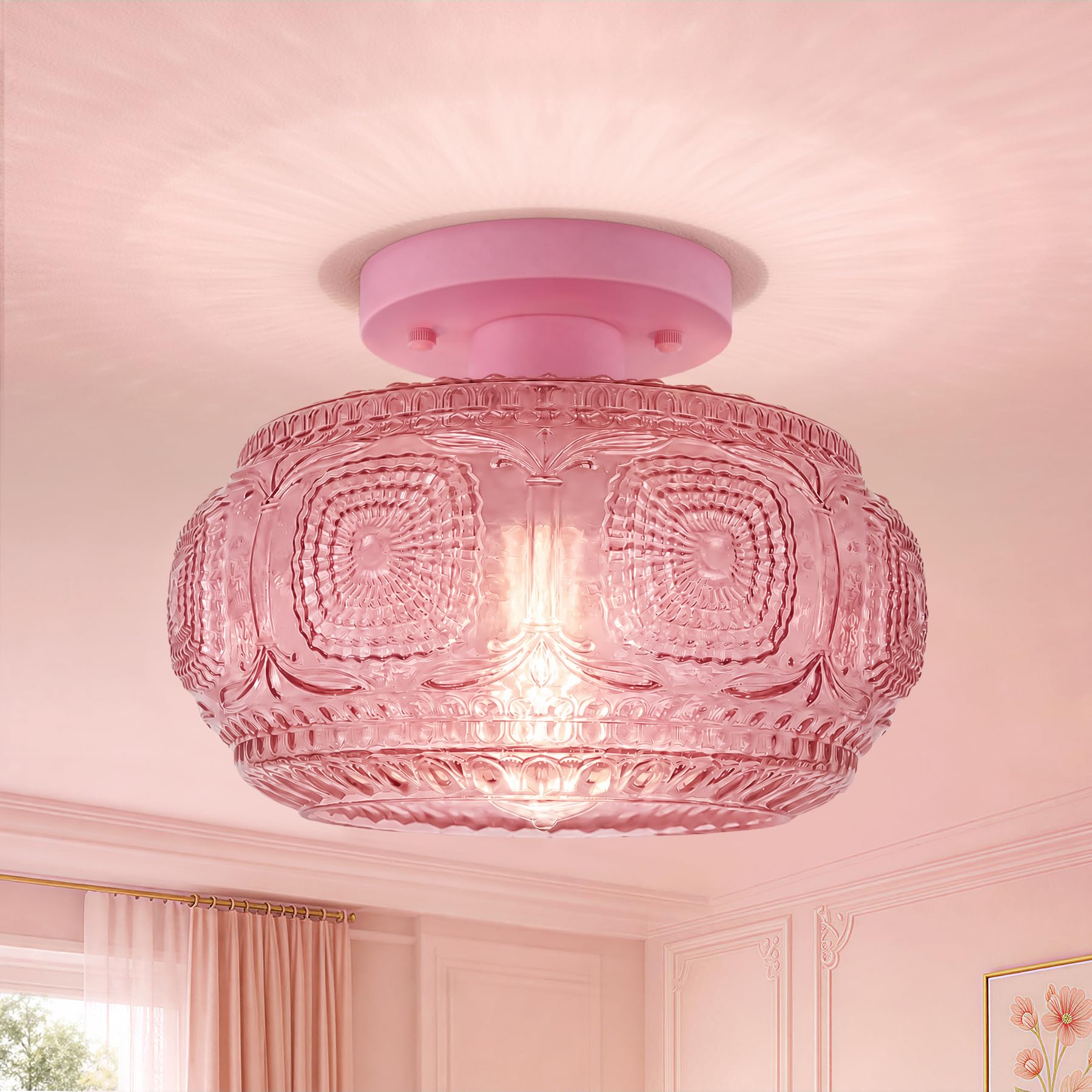 Globe Glass Semi Flush Mount Ceiling Light Fixture, Pink