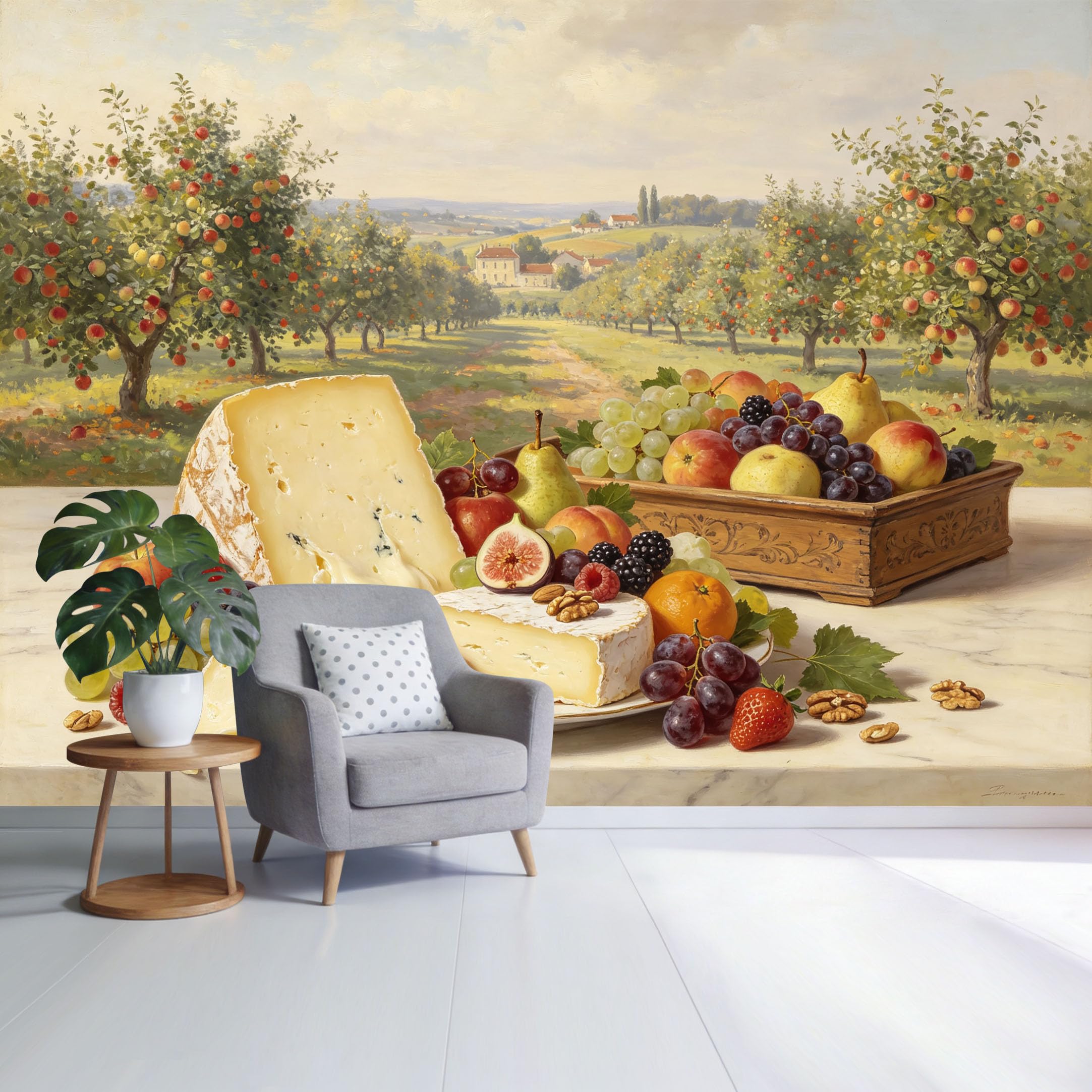 Custom Size Wall Mural Countryside Orchard Landscape Cheese Fruit Still Life Oil Painting Style SelfAdhesive Wall Fabric Removable Wallpaper for Home Office Decor
