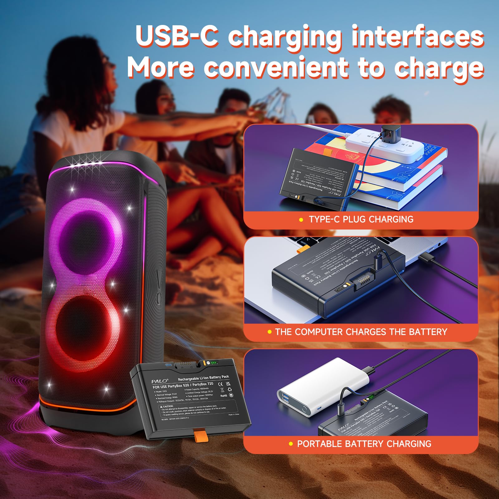 4800mAh Batería 600 para -JBL Partybox Stage 520, Partybox Stage 720, Boombox 4 - PD 30W Batería de Carga rápida con Salida/Entrada USB (1Pcs)