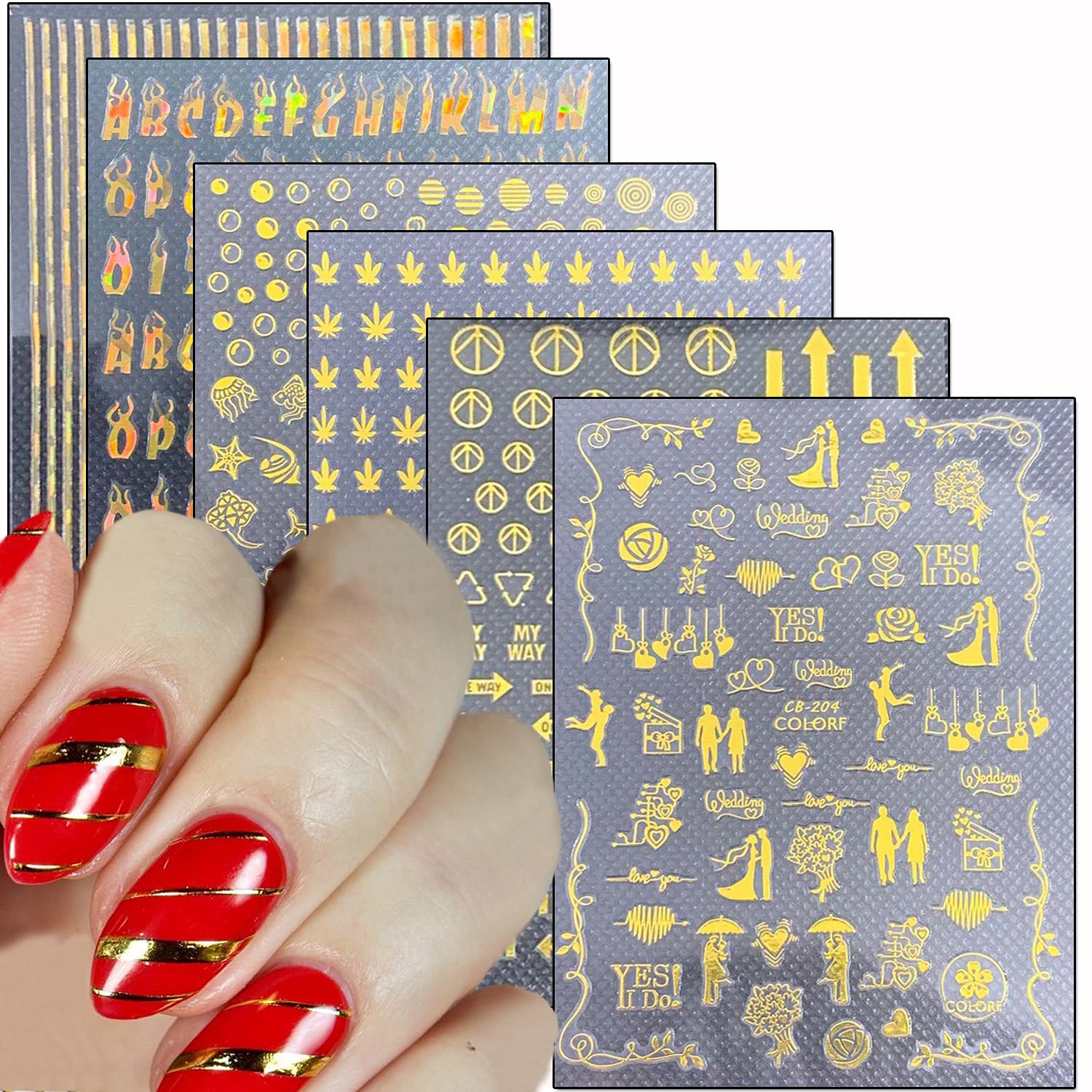 Gold Nail Art Stickers-Letters Numbers Flowers Leaf Line Peace Sign Symbol 3D Self-Adhesive Nail Glitter Design, Holographic Nail Decals Decoration for Fingernail and Toenail DIY Supplies (6 Sheets)
