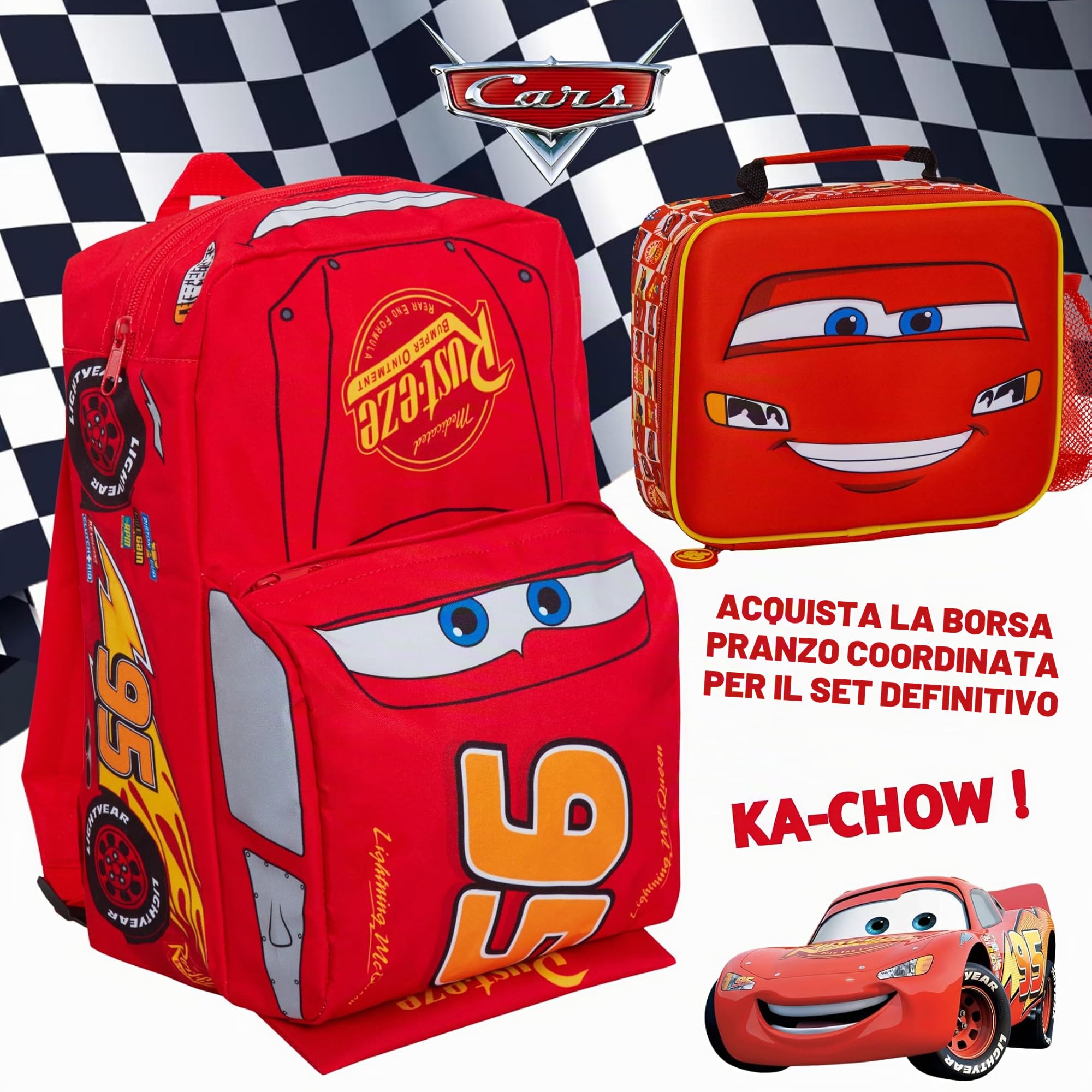 Zaino Disney Cars 3D Bambini Lightning McQueen Scuola Asilo Borsa per il pranzo Zaino Rosso 95