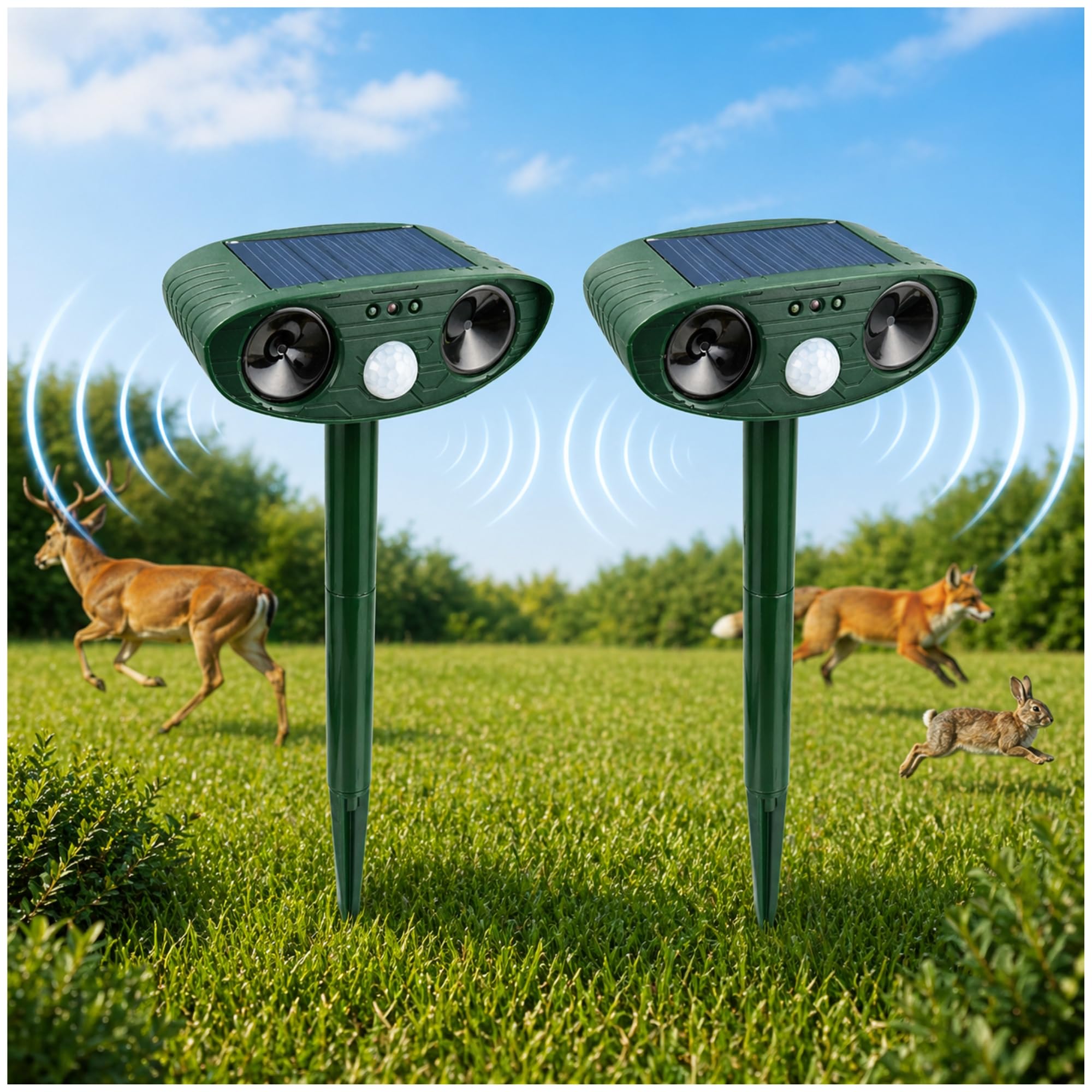 Solar Ultrasonic Animal Repeller (2 Pack)- Outdoor Motion Activated Pest Deterrent with Infrared Sensor & Ground Stake - Garden & Lawn Protector
