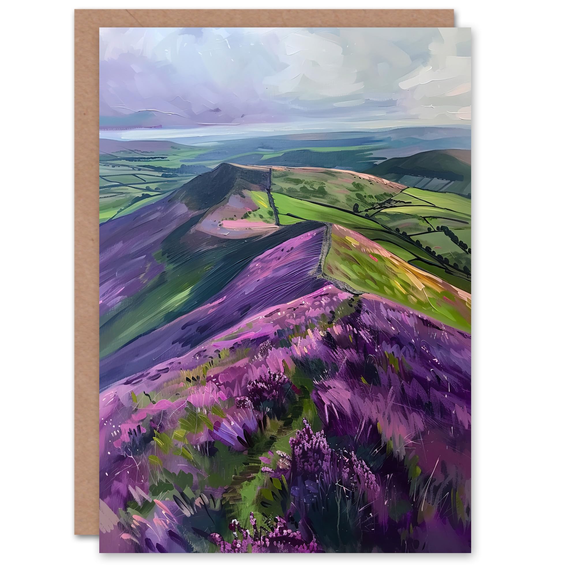 Artery8 Greeting Card Heather Flowers Mam Tor Peak District Landscape Blank For Him Or Her Art Birthday Card