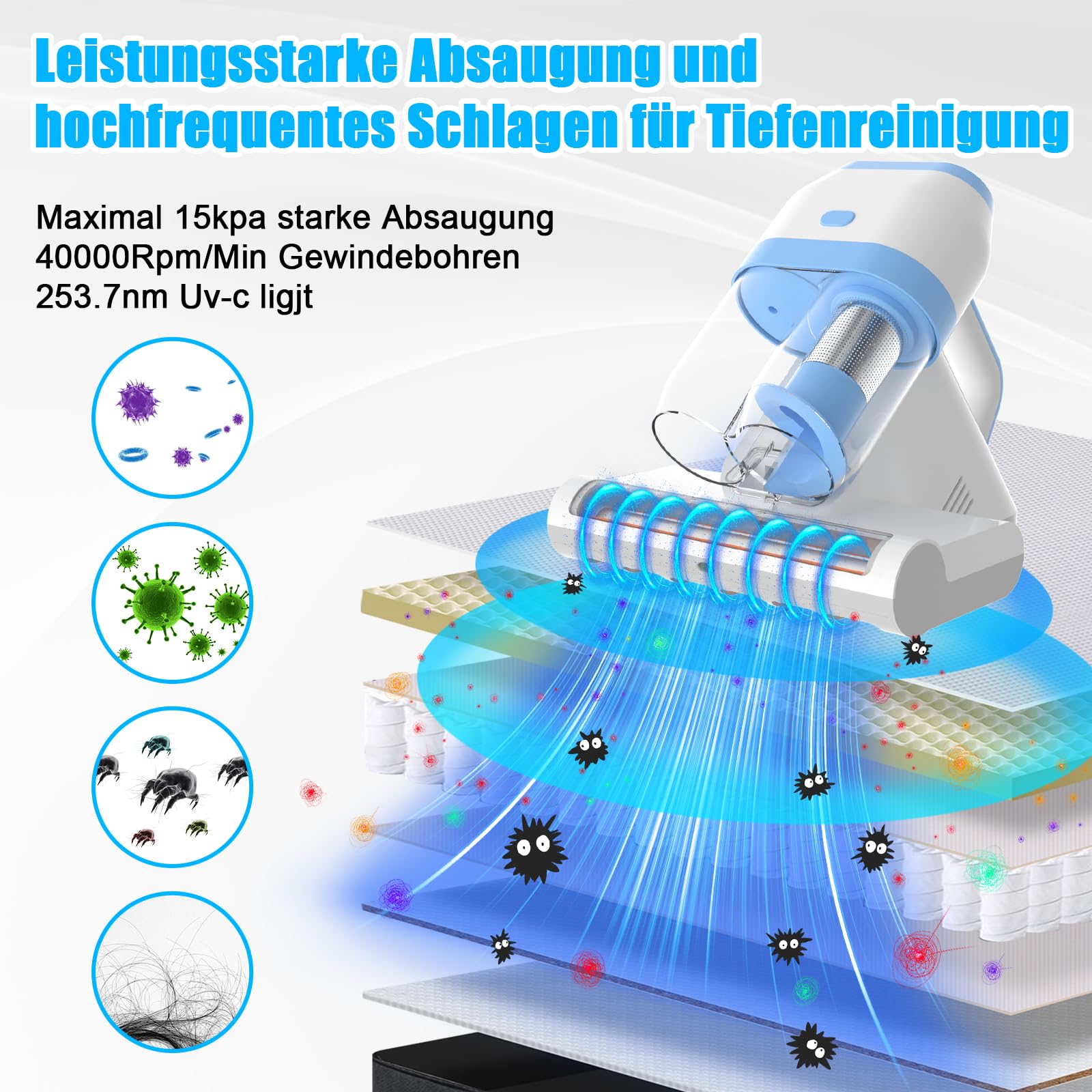 XEEUEX Battimaterasso Antiacaro, Aspira Acari per Materassi e Divani con Luce UV-C, Aspirapolvere per Materassi 500W, 15kpa, Antibatterica, Rimuove Allergeni e Capelli, rimuove il 99,9%, Con Filo