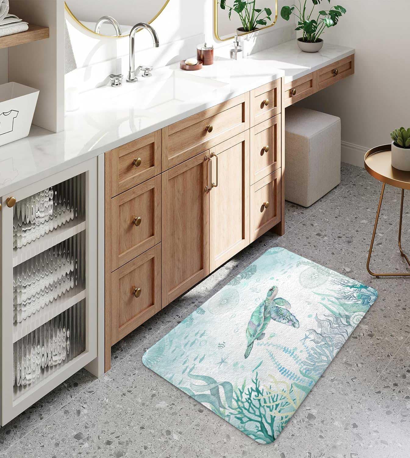 Sea Turtle Bath Rugs for Bathroom, Blue Teal Ocean Beach Nautical Coastal Fish Beachy Summer Animal Seashell Kids Non Slip Flannel Bathroom Rug, Dry Fast Water Absorbent Bath Mats, 17x29 Inch - Image 3