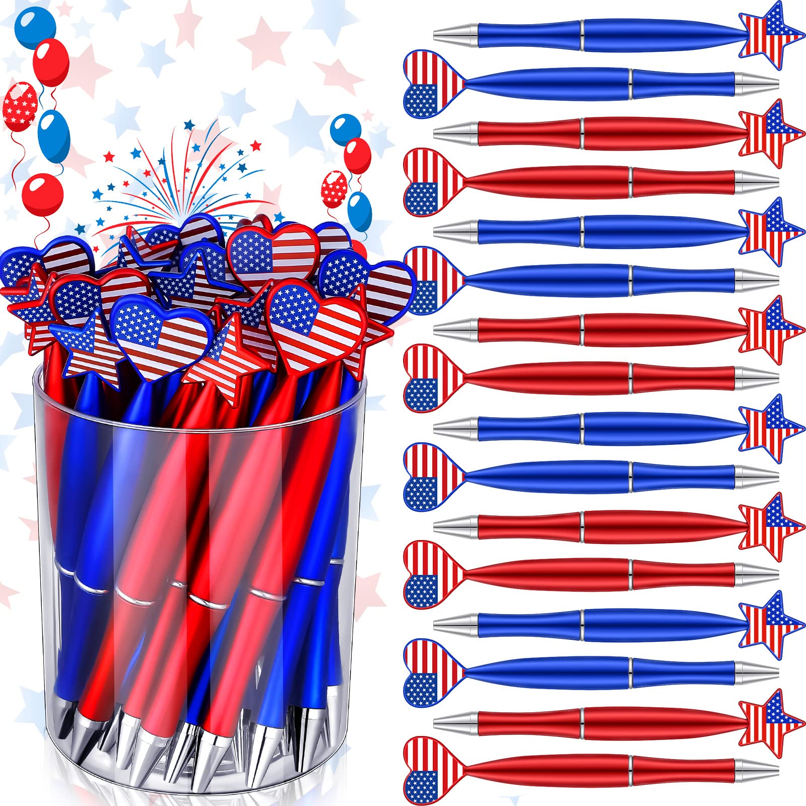 Yexiya 48 Pieces American Flag Patriotic Ballpoint Pens USA Stars Retractable Pens 1.0 mm Black Ink Ballpoint Heart Star Stationery for Independence