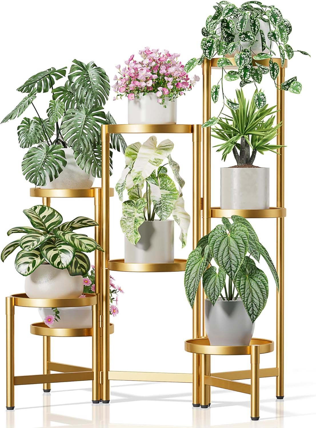 Gold Plant Stand, 8 Tiered Plant Stand Indoor for Multiple Large Planter, Tall Heavy Duty Adjustable Folding Rack with Rustproof 7.9 Inch Wide Tray, Corner Plant Shelf for Balcony - GoldDisk
