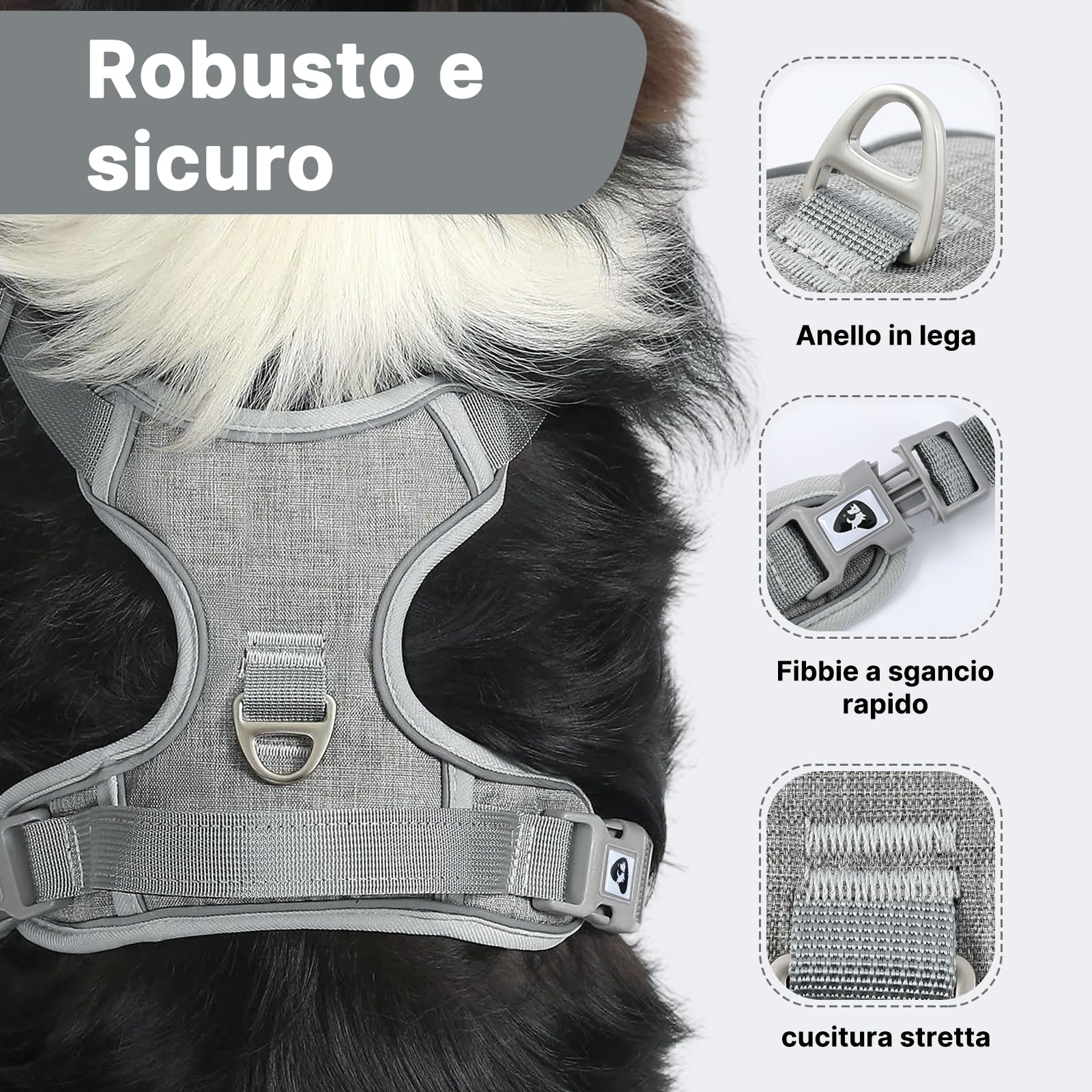 COMSLE Pettorina Cane Taglia Grande Media Piccola, Pettorina Cane ad h Riflettente, Pettorina Anti Tiro per Cani Regolabile con Doppio Anello, Imbracatura Cani Traspirante, Grigio, M