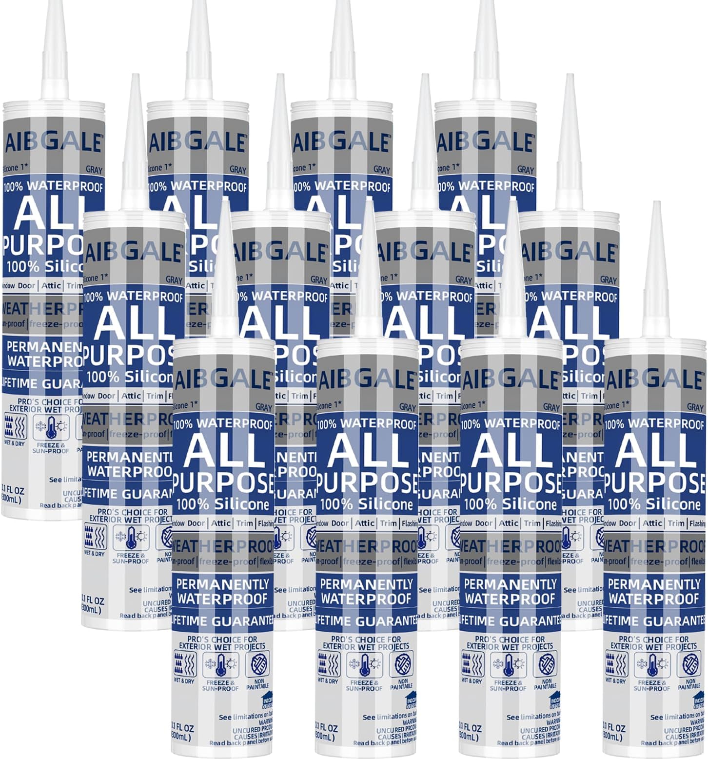 12 Packs Gray Silicone Sealant, 100% Waterproof Silicone Caulk, Adhesive Caulking Silicone for Indoor Outdoor Windows, Aquarium, Bathtub, 10.1 oz (12)