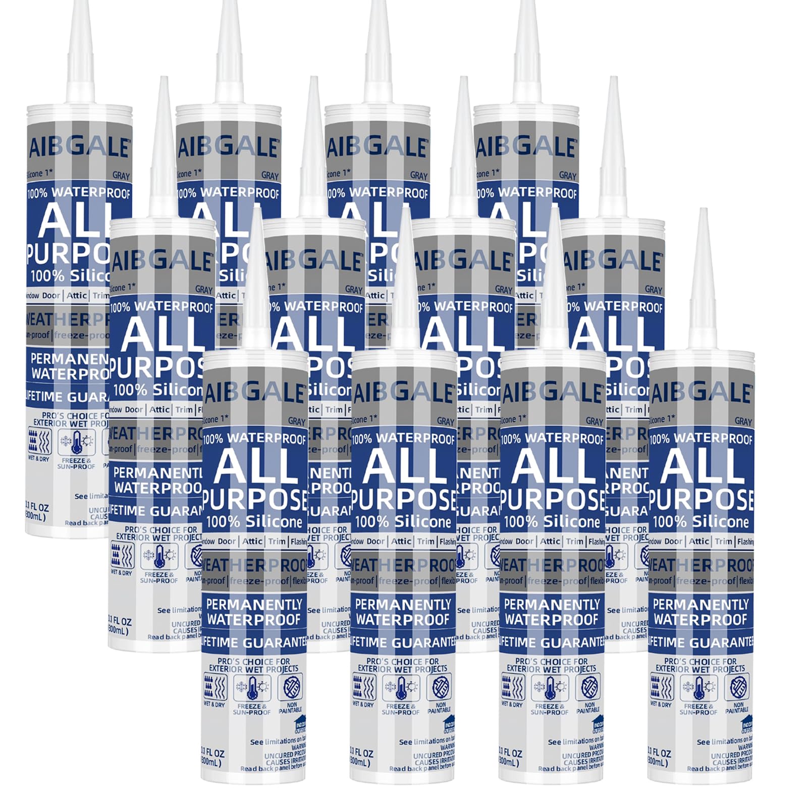 12 Packs Gray Silicone Sealant, 100% Waterproof Silicone Caulk, Adhesive Caulking Silicone for Indoor Outdoor Windows, Aquarium, Bathtub, 10.1 oz (12)