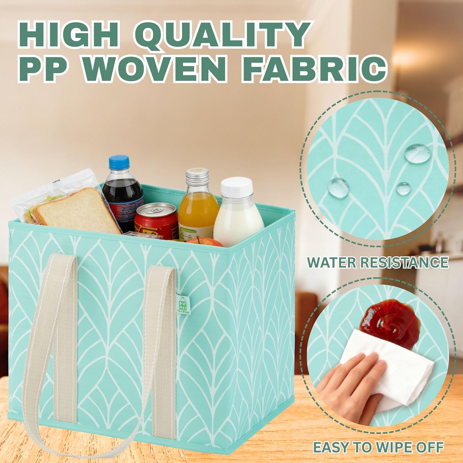 VENO 3 Pack Reusable Grocery Bags, Shopping Bags for Groceries, Tote with Handles and Hard Bottom, Foldable Shopping Cart Organizer, Water Resistant, Heavy-Duty (Evergreen, 6 Gallon) - Image 3