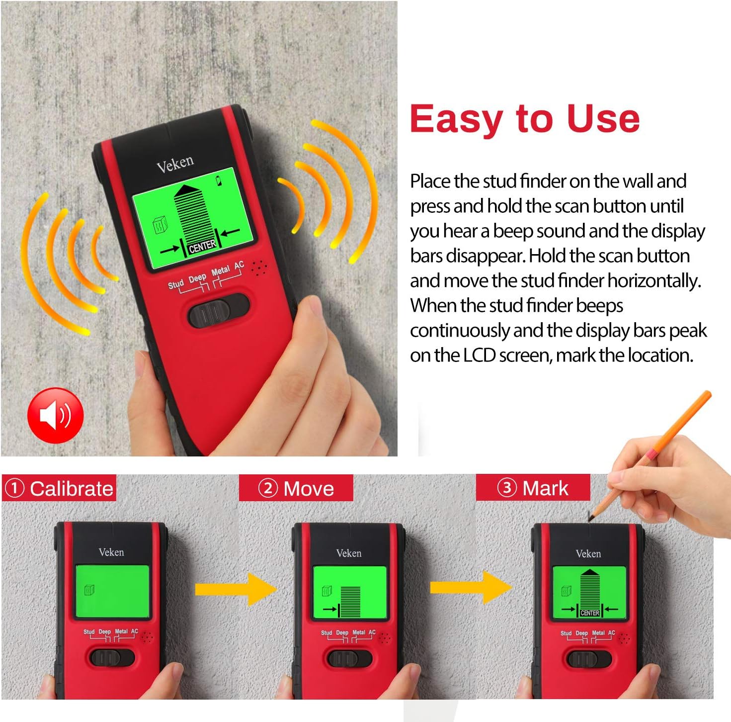 Stud Finder, Veken 4 In 1 Multifunctional Wall Scanner, Professional Wall Center Sensor Detector For Studs, Metal, Wood, Live AC Wire