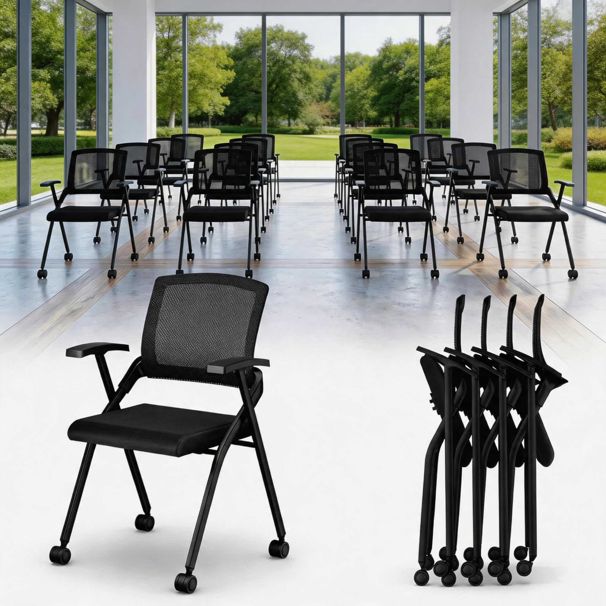 Folding Office Chair with Wheel,Conference Room Chairs with Smooth Armrest-Mesh Back,Rolling Stackable Foldable Desk Chair for Guest Reception Meeting Classroom Training Seminar ,Black∰with wheel,30