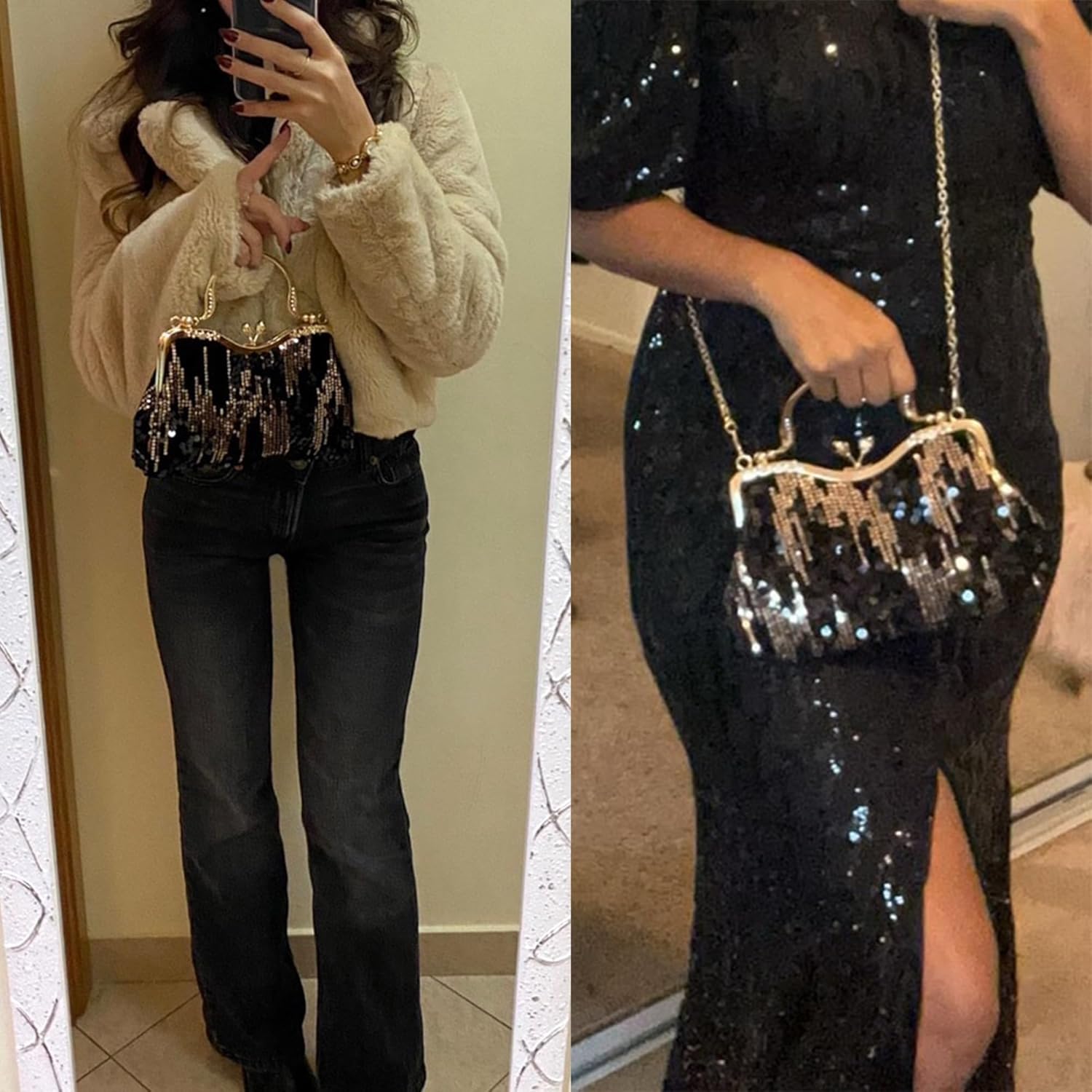 Vintage sequined velvet evening bag flower hardware handbag suitable for banquet wedding party formal occasions - Image 2