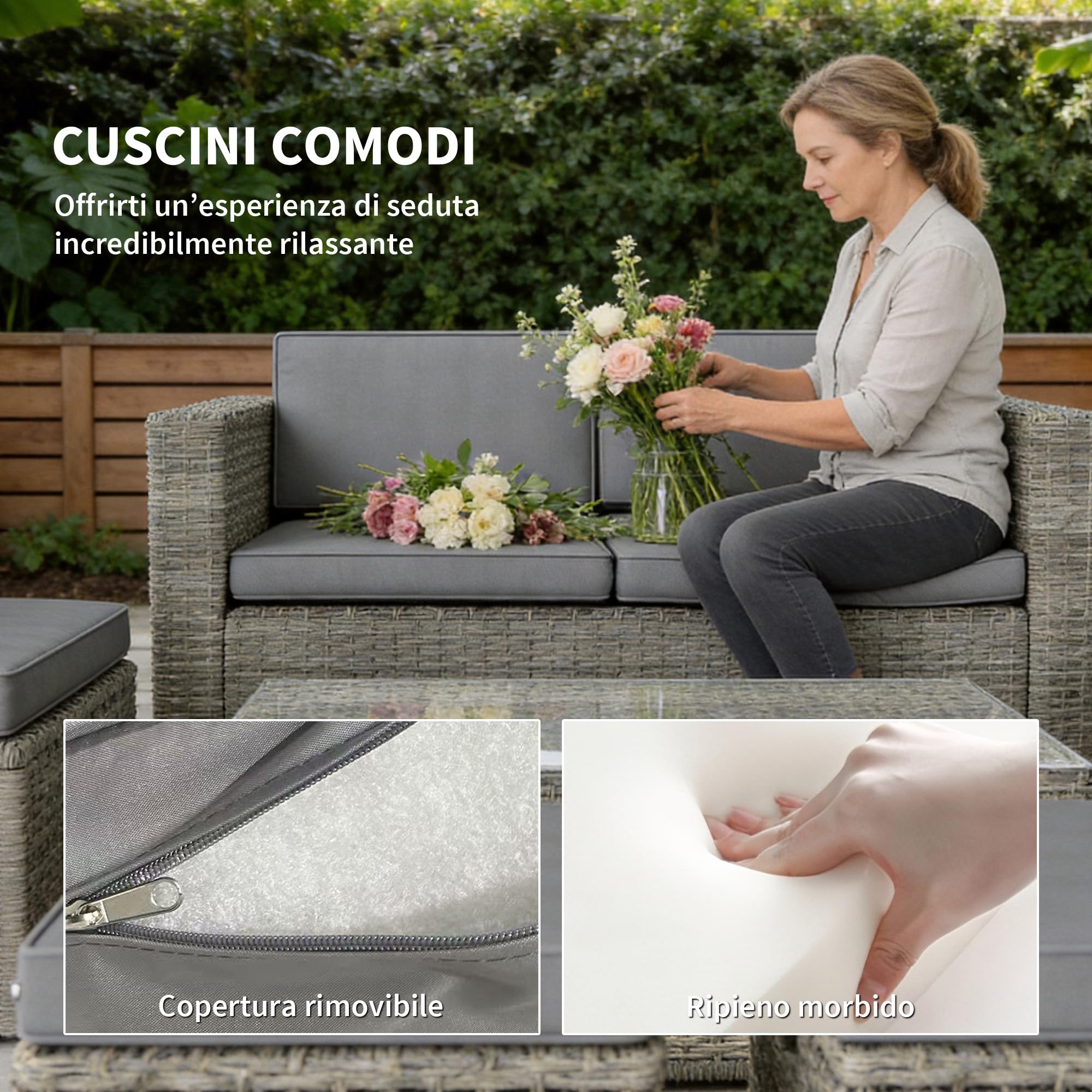 Outsunny Set Salotto da Giardino in Rattan 6 Pezzi, Set di Mobili da Giardino Sovrapponibili Salvaspazio in Acciaio con Divano 2 Posti, 2 Poltrone, 2 Poggiapiedi, Tavolo Vetro, Cuscini, Grigio Scuro