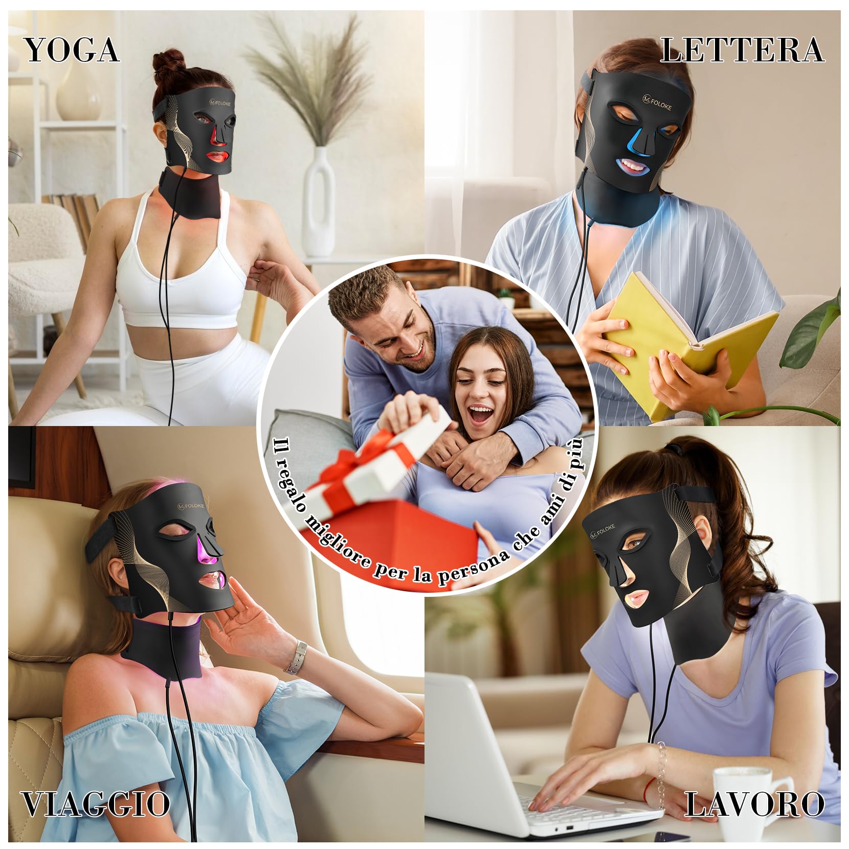 FOLOKE Maschera di Terapia con Luce LED per la Cura della Pelle, Maschera LED per Vista e Collo, Rosso - Lunghezza d’onda per Uso domestico, – Cura della pelle avanzata resa semplice | Design ergonomico e confortevole, ideale per casa, viaggi e uso quotid