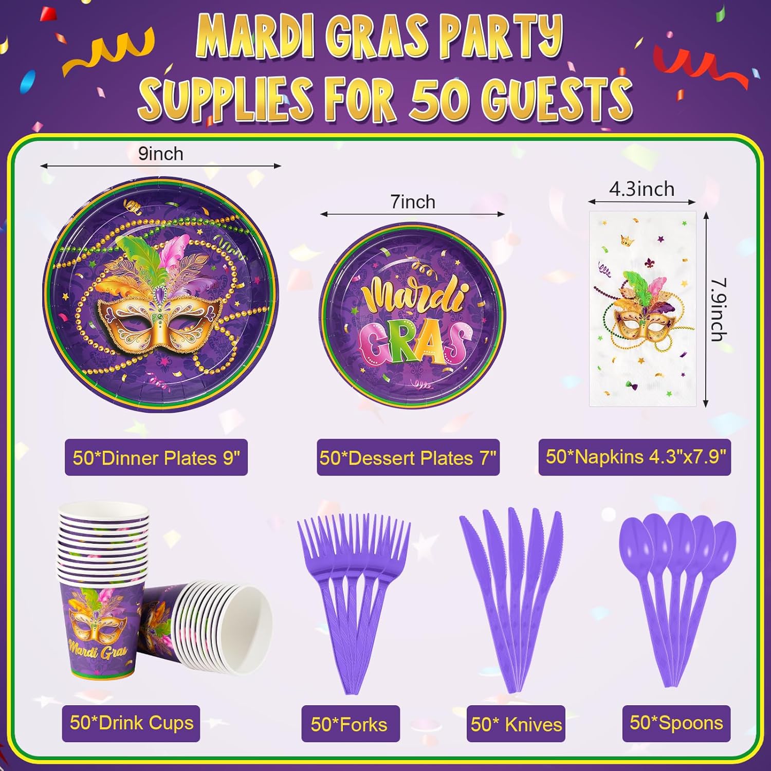 Ragnhild 350 Pcs Mardi Gras Mask Plates and Napkins Set, Mardi Gras Party Supplies Decorations, Masquerade Disposable Paper Plates Napkins Cups Forks for Mardi Gras Carnival Party Supplies, Serve 50