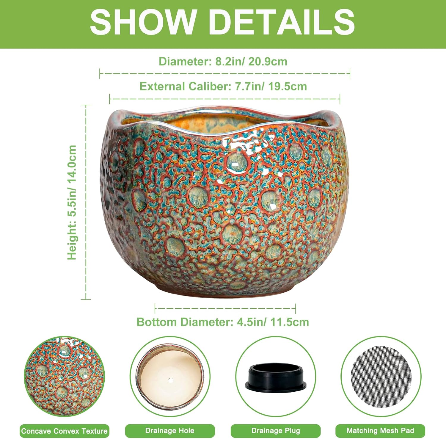 8 Inch Plant Pot - Ceramic Planter for Indoor Outdoor Plants, Unique Pots for Plants with Drainage Hole and Plug, Round Planter, Garden Decor, Gifts for Plant Lovers, Speckled-Brown