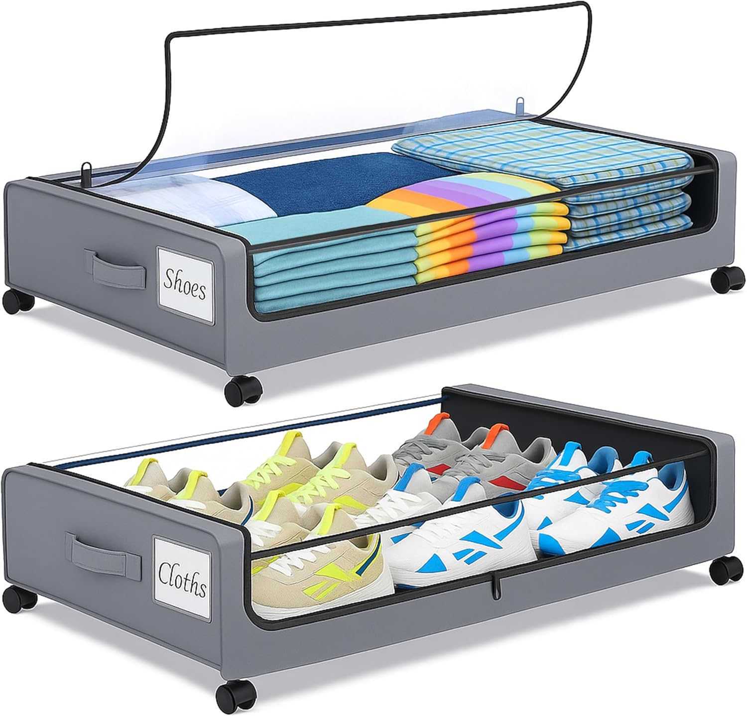 Under Bed Storage with Wheels Set of 2 - Rolling Under Bed Drawers, Storage Containers, Shoe Organizers, and Wheeled Bins for Under the Bed, Perfect for Organizing and Saving Space (Grey)