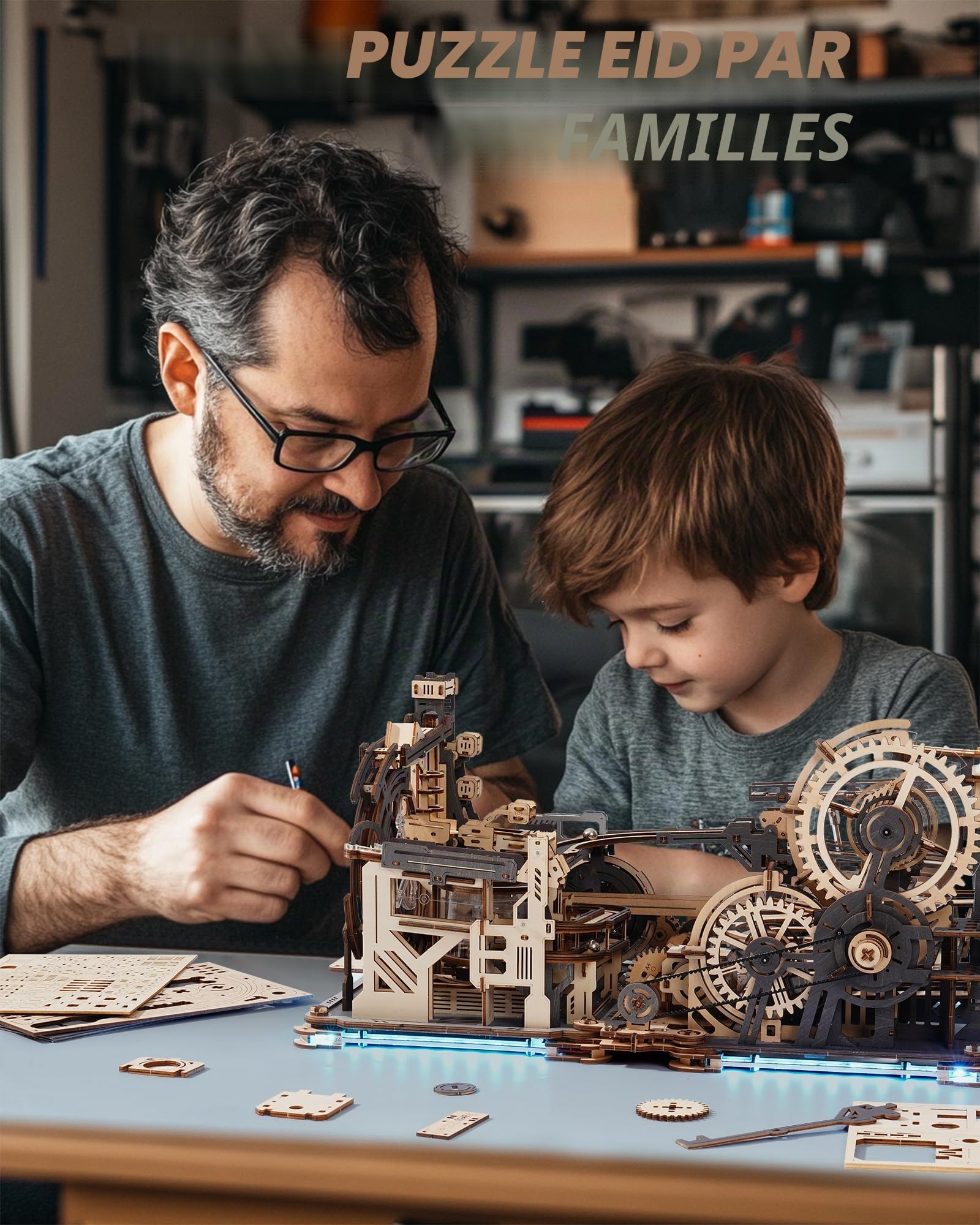 ROWOOD Kits de Modélisme électrique pour Adultes pour Construire Un Puzzle en Bois 3D Villes Jumelles avec Piste Extra-Longue Kits de Construction Interactifs en Bois Cadeau Décoration