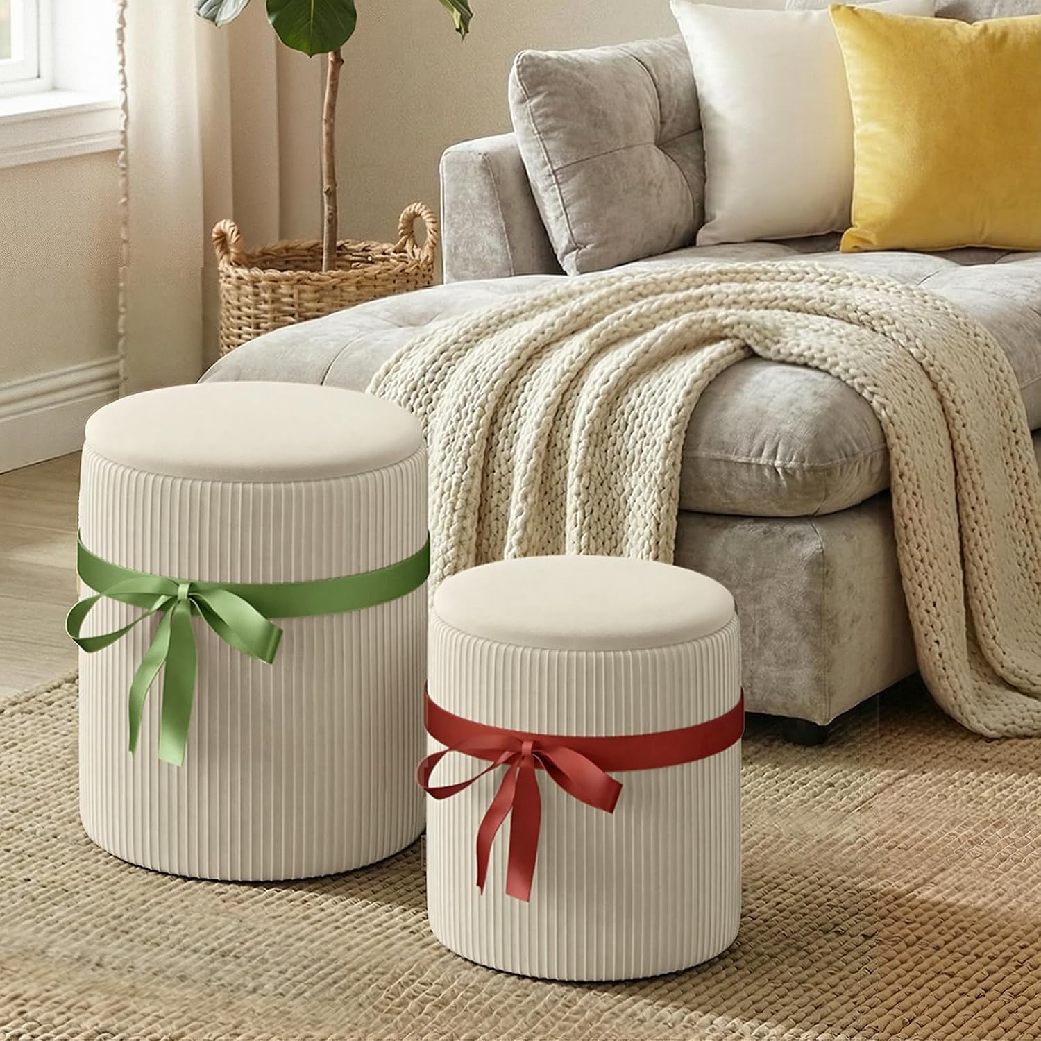 Pinmoco Round Storage Ottoman Set of 2, Modern Upholstered Foot Rest Stool with Ribbed Design, 300 lbs Capacity, Non-Slip Base, Small Ottoman for Living Room Bedroom Vanity