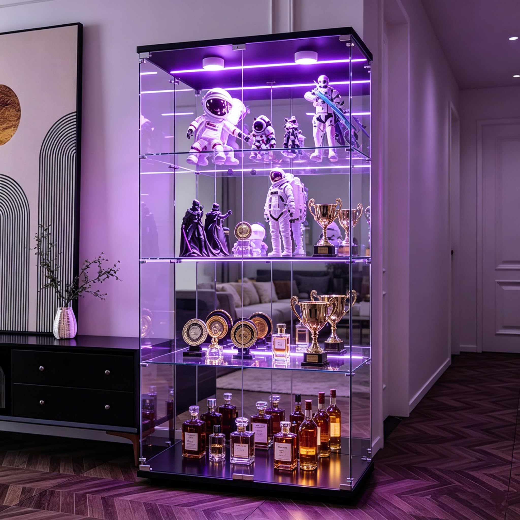 Vitrina de Cristal Con 4 Estantes, 164 x 81 x 37 cm, Mueble Para Colección Con LED y Puertas, Transparente Armadura de Cristal (Doble Puerta Con Luz, Ferroso A)
