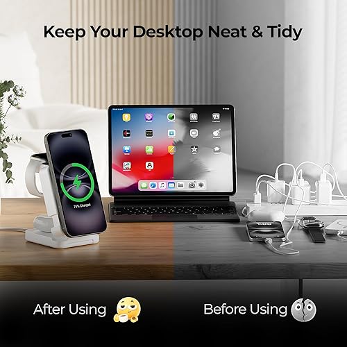 Miniatura 5 de Cargador inalámbrico 3 en 1, estación de carga inalámbrica plegable, soporte de cargador magnético de viaje, estación de carga de 15 W para iPhone