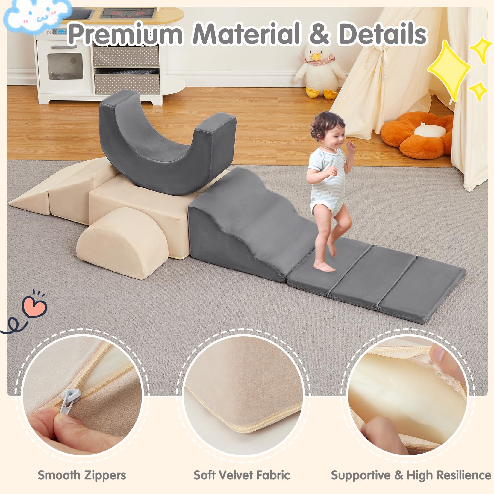 Garvee Juego educativo de 7 bloques de espuma para escalar y gatear - Incluye rampa extendida, túnel y tobogán - Funda de terciopelo lavable, base antideslizante - Ideal para bebés y niños pequeños en