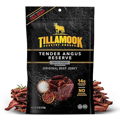 Tillamook Country Smoker Tender Angus Reserve Original Beef Jerky, 6 oz, Real Hardwood Slow-Smoked USA Angus Beef, 14g Protein Per Serving, Gluten Free, No Artificial Ingredients, Zero Sugar - Original