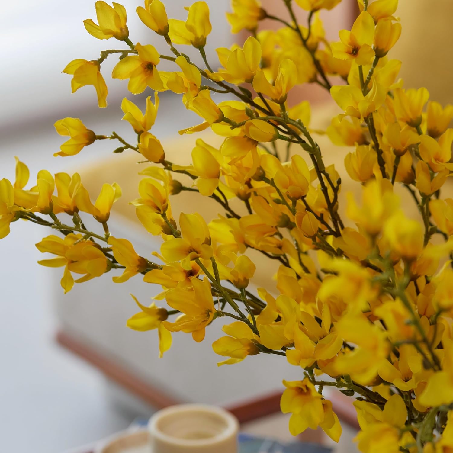 WILD WORKS Artificial Forsythia Branches Valentines Day Decoration, 38 Inch Silk Flowers for Wedding Home Decor, Real Touch Yellow Spring Floral Arrangement for Centerpiece, Photography Props (Yellow)