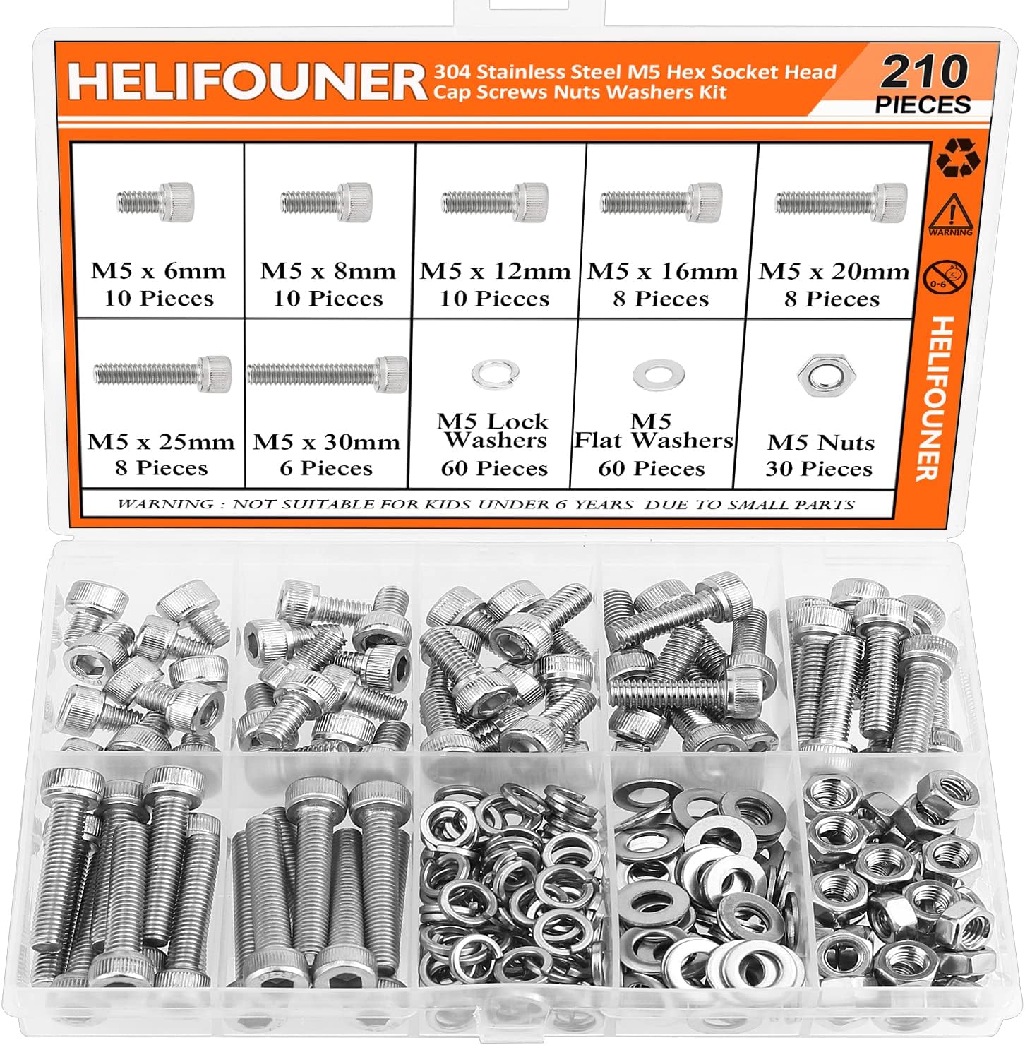 210 Pieces M5 x 6mm /8mm /12mm /16mm /20mm /25mm /30mm, Hex Socket Head Cap Screws Bolts Washers Nuts Kit, 304 Stainless Steel (Hex Wrench is Not Included)