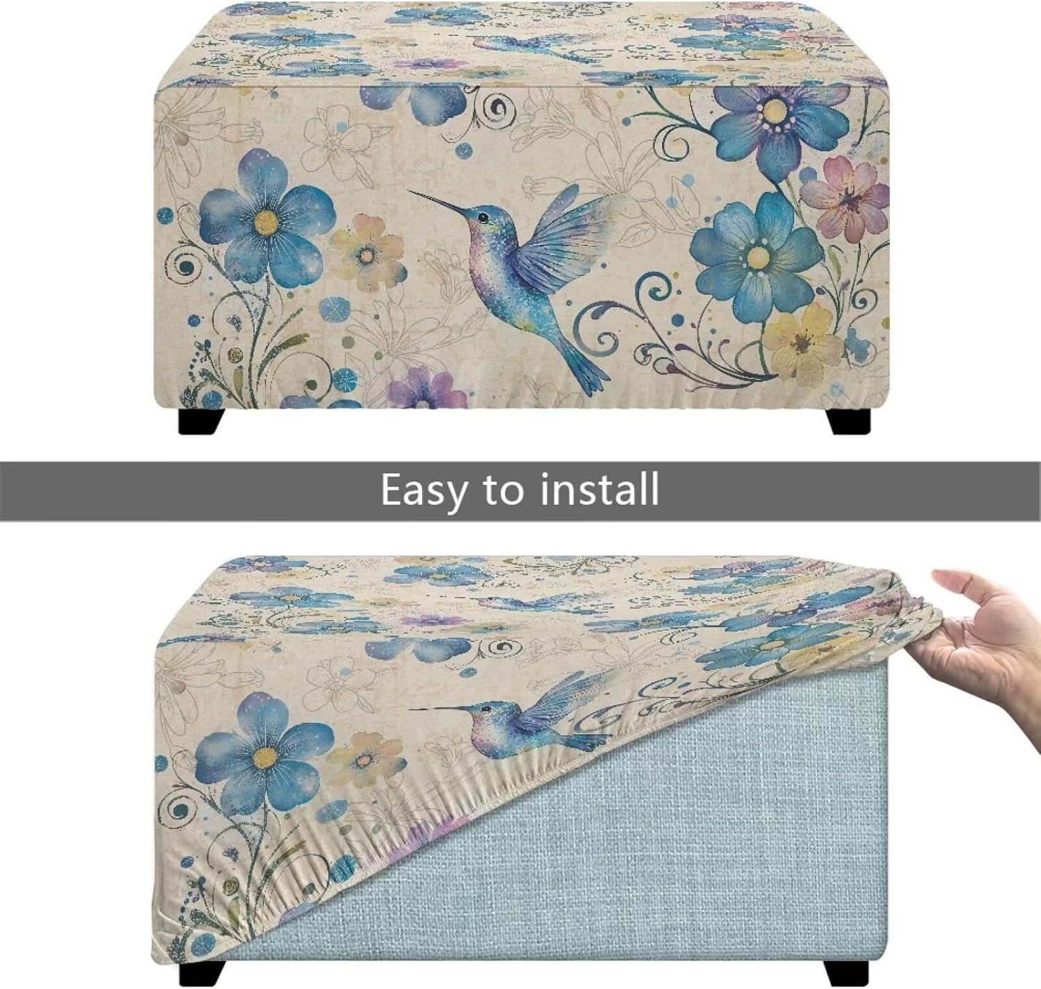 Hummingbird Flower Ottoman Cover Rectangular Stretch Footrest Stool Cover Furniture Protector with Elastic Bottom Removable Slipcover
