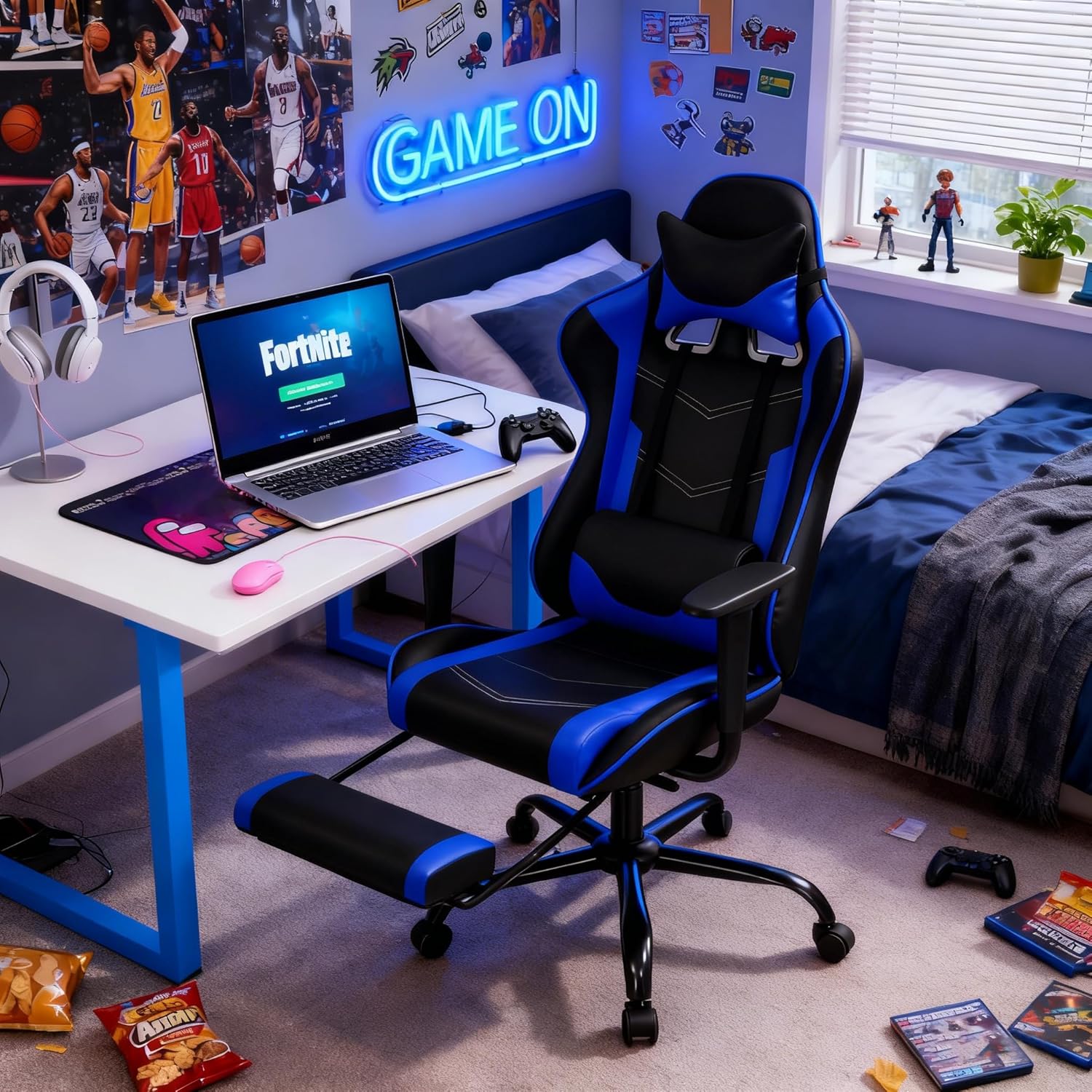 Gaming Chair Computer Chair Ergonomic Gaming Chair with Footrest Reclining High Back Video Game Chair with Lumbar Support Headrest Armrest Swivel Seat for Women, Men (Blue)