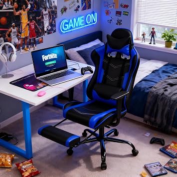 Gaming Chair Computer Chair Ergonomic Gaming Chair with Footrest Reclining High Back Video Game Chair with Lumbar Support Headrest Armrest Swivel Seat for Women, Men Blue