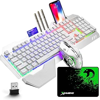 Wireless Gaming Keyboard and Mouse with Rainbow LED 16RGB Backlit Rechargeable 4800mAh Battery Metal Panel Mechanical Ergonomic Feel Waterproof Dustproof 7 Color Mute Mice for Laptop PC Gamer (White RGB)