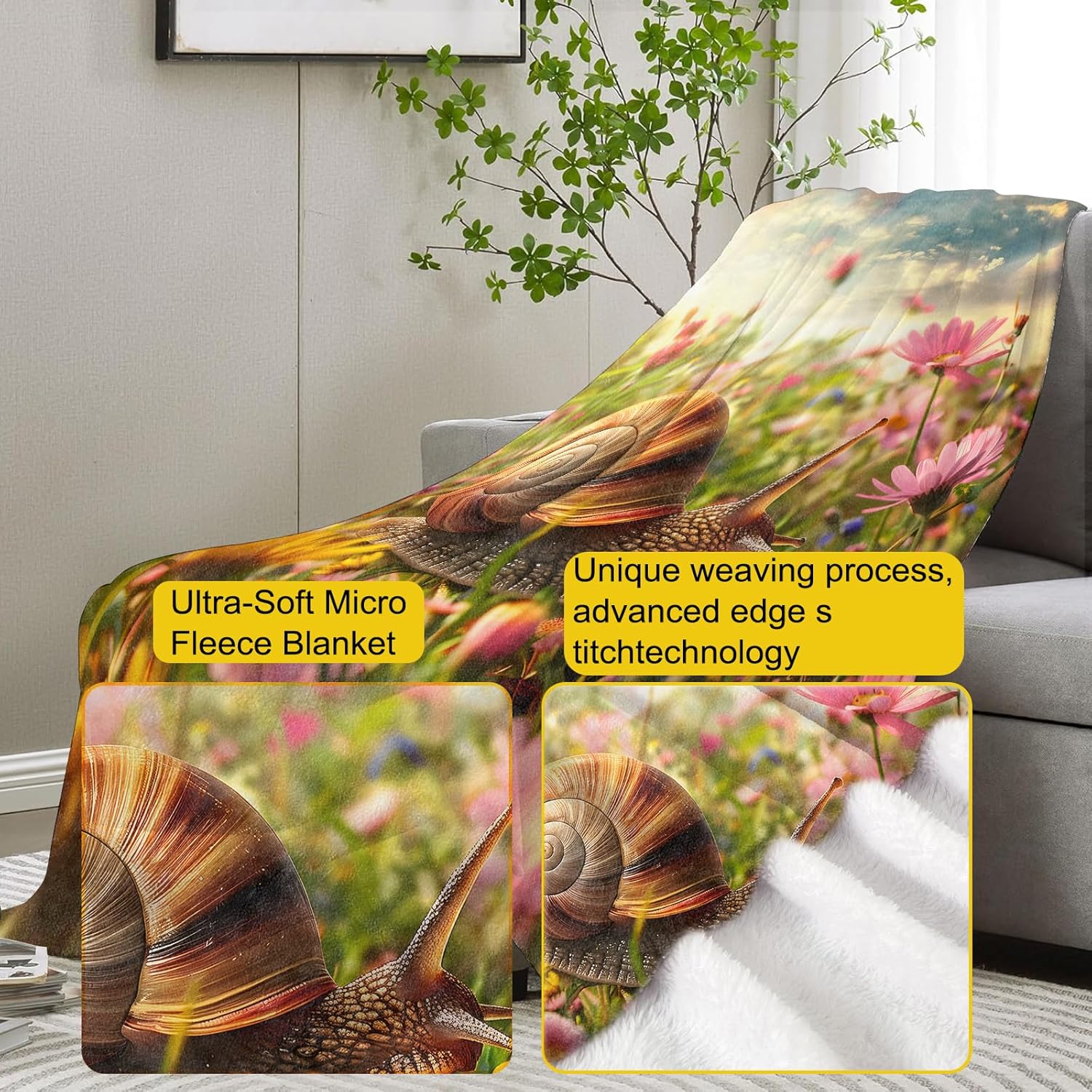 Snail in Flower Field Blanket Gifts for Women, Snail Flannel Blanket, Soft Warm Lightweight Throw Blankets for Bedding Sofa Couch Home Travel Decor 50" x 60" - Image 3