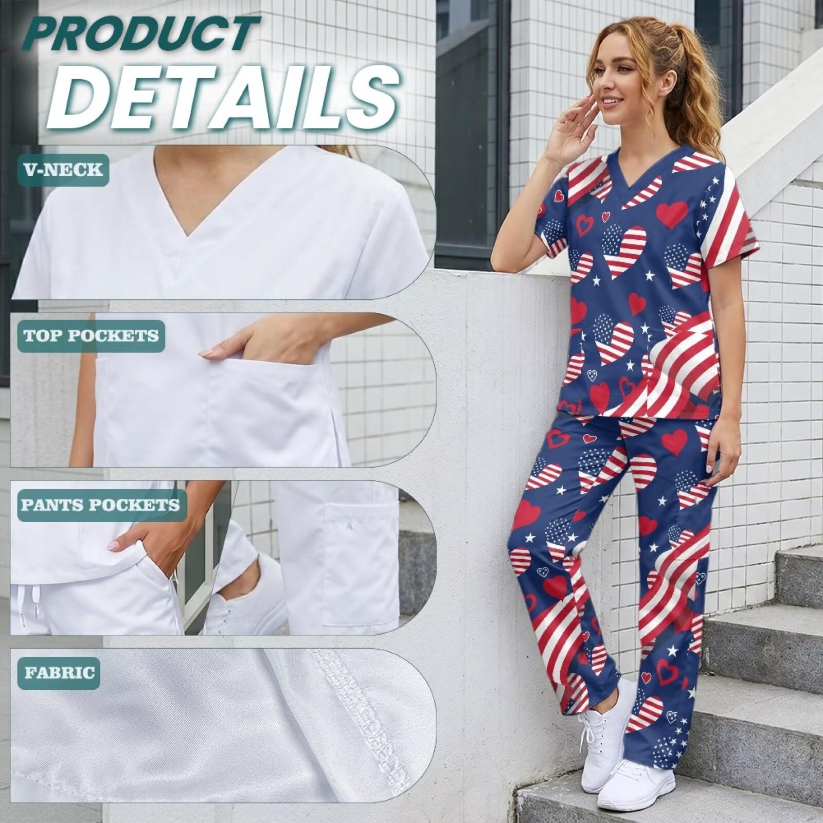 Set di scrub da donna per il 250° anniversario con bandiera americana e pantaloni alti per assistente medico