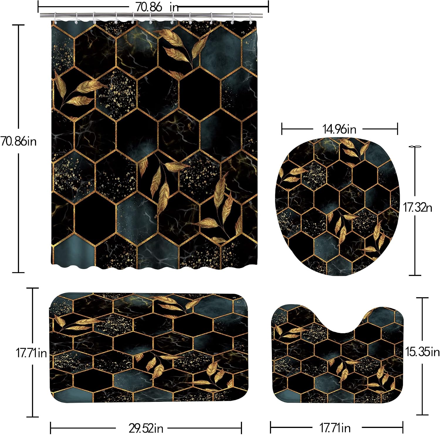 4 Pcs Black Marble Shower Curtain Sets, Leaves Grid Honeycomb Irregular Plaid Geometric Bathroom Decor, Rug Toilet Lid Cover and Non-Slip U Shape Mat, Waterproof Shower Curtain with 12 Hooks, 72 x 72