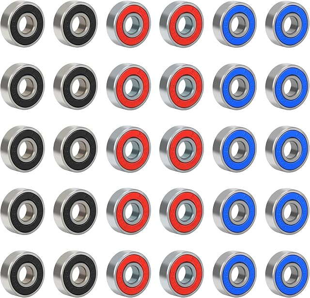 MENGON 30 Pcs Skateboard Bearings ABEC-9 Skating Scooter Bearing 608RS Metal Longboard Roller Bearings Precision Ball Bearing 8x22x7mm for Stunt Scooters Inline Skates (Black Blue Red)