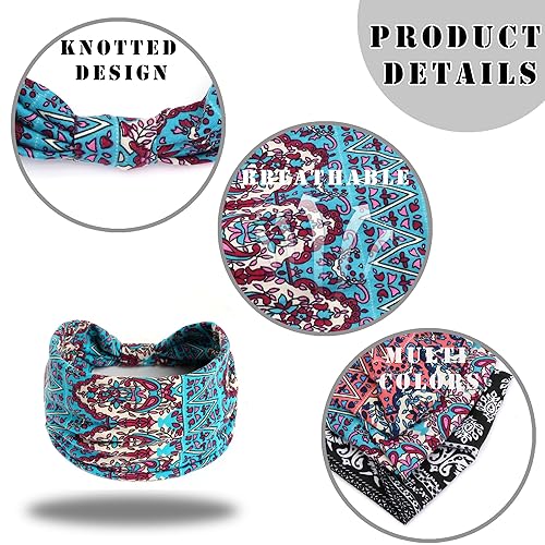 Miniatura 3 de FULZTEY Diademas bohemias para mujer, bandas anchas para la cabeza clásica, con estampado floral, bandana anudada, antideslizante, turbante
