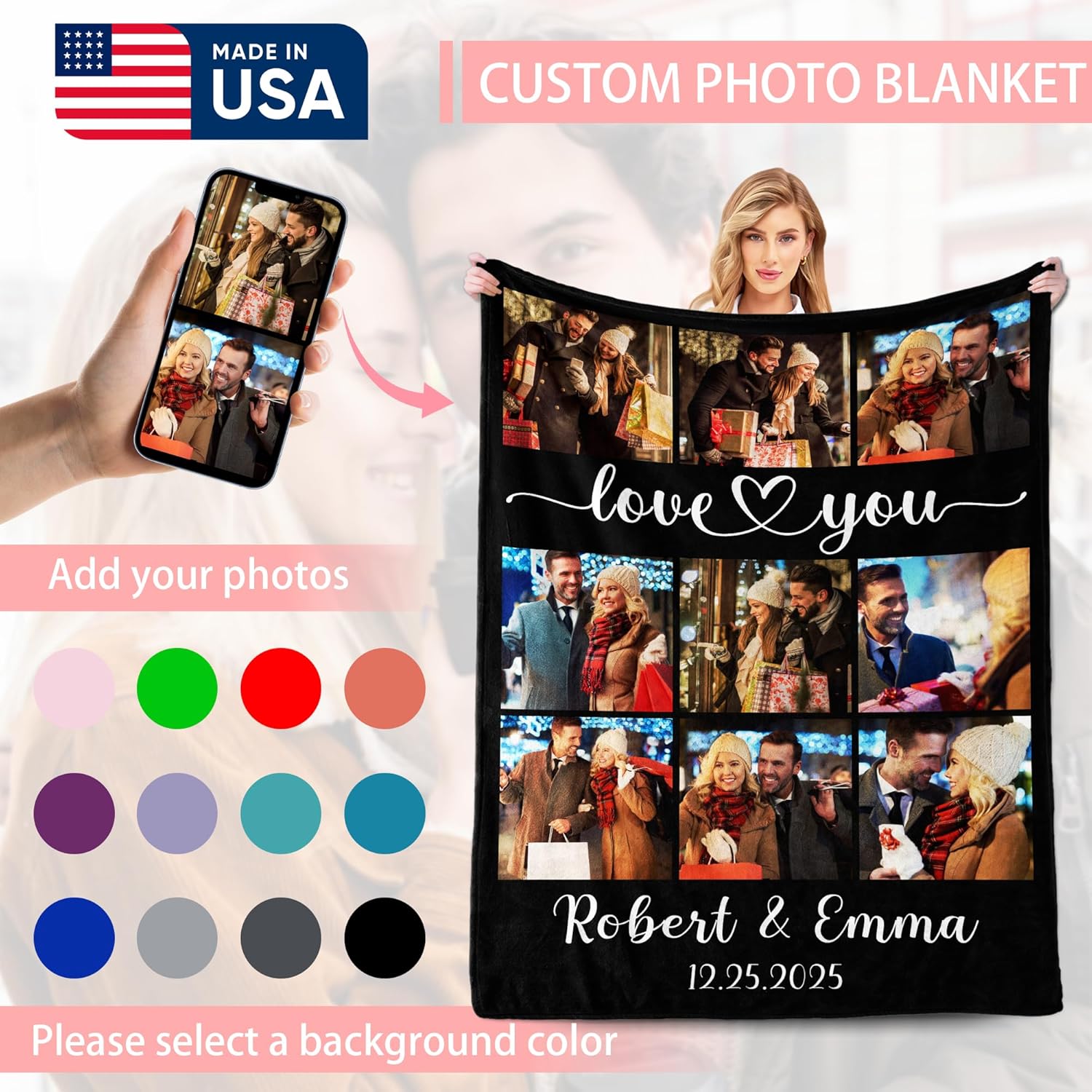 Ship Next Day, Personalized Gifts for Boyfriend Girlfriend, Custom Blanket with Picture, Customized Photo Blanket for Husband Wife, Men Women Gifts for Christmas Valentines Day Wedding Birthday - Image 3