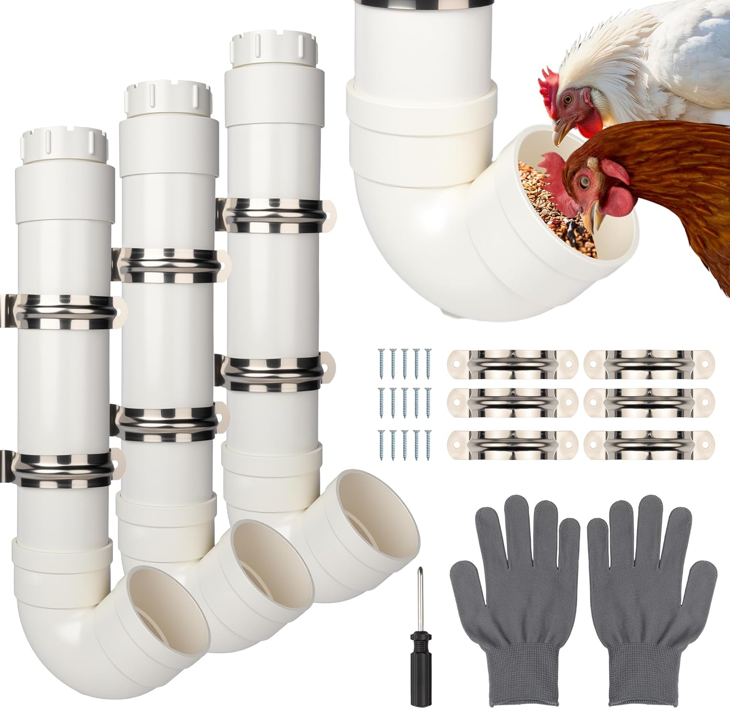 Homar 3pc Automatic PVC Chicken Feeder - No Waste, 6lb Large Capacity Heavy Duty Rat Proof PVC Pipe Tube Chicken Feeder for Coop Poultry Long Feeding