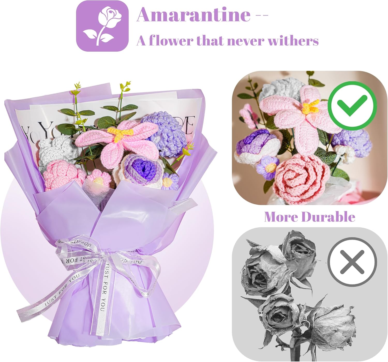 Crochet Flowers Bouquet 8PCS, Handmade Knitted Artificial Crochet Flower Gifts Tulips Roses Daisies Carnations, Preserved Flowers for Mother's Day Valentine's Day Birthday Home Decor- Purple (Purple) - Image 5