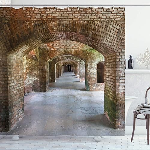 Ambesonne Cortina de ducha vintage, arcos de ladrillo, tortugas secas, un antiguo fuerte patrimonio histórico para atracción turística, diseño de