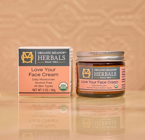 Organic Meadow Herbals Love Your Face Cream 2oz. USDA Certified Organic. Rich Facial Moisturizer for all skin types. Woman-owned & Operated Since 1994