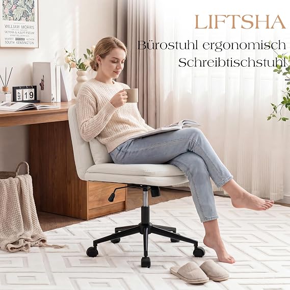 Swivel Criss Cross Legged Chair with Wheels for Home Office, Wide Armless Desk Chair with Deeper Seat, Height Adjustable Comfy Computer Chairs for Desk, Vanity, Bedroom (Linen White)
