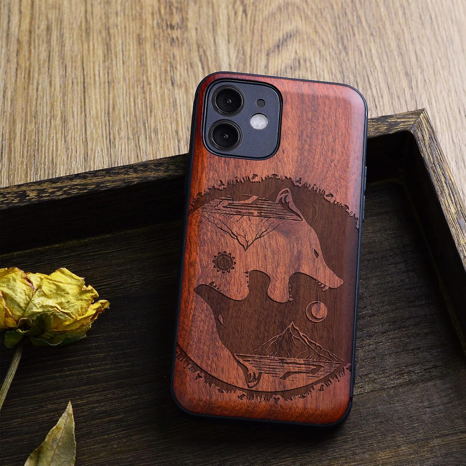 Carveit Magnetic Wood Case for iPhone 12 Mini Case [Natural Wood & Soft TPU] Shockproof Protective Unique & Classy Wooden Cover Compatible with MagSafe (Wolf-Tai Chi-Rosy)