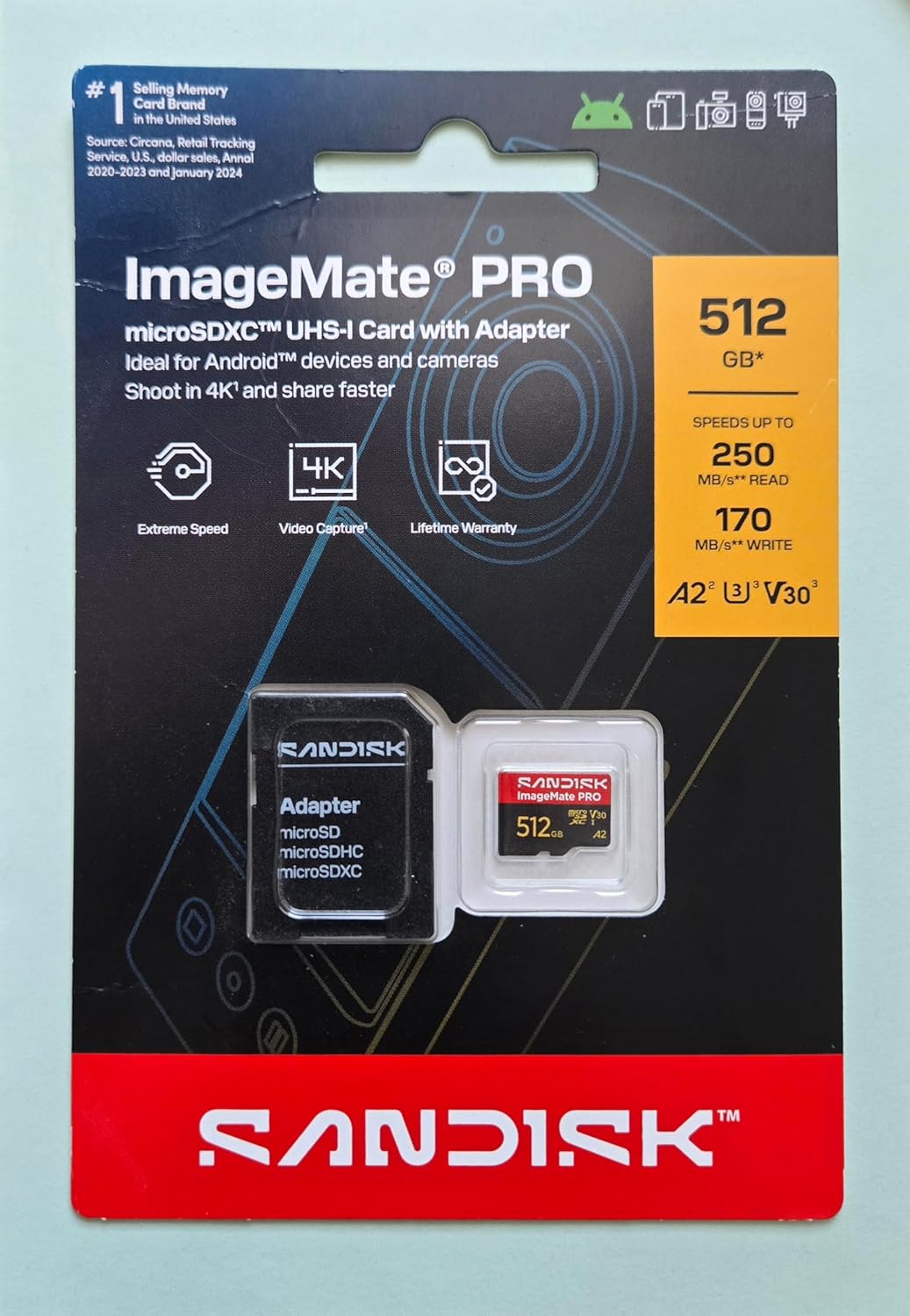 SanDisk ImageMate® PRO microSDXC™ UHS-I Card, 512GB, with Adapter, Up to 250MB/s Read, 4K Video Capture, A2 V30